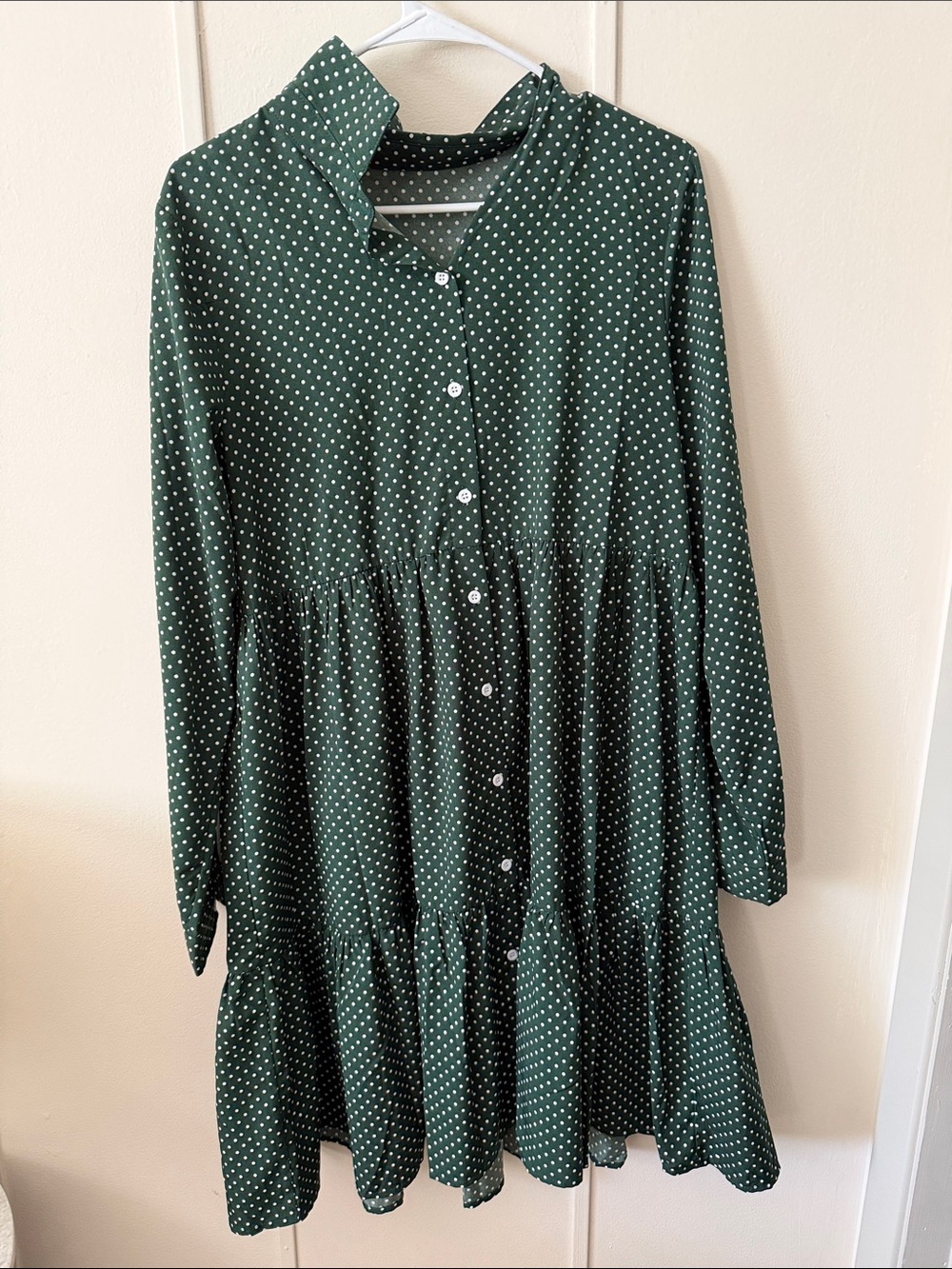 SHEIN Dark Green Polka Dot Tiered Long-Sleeve Dress